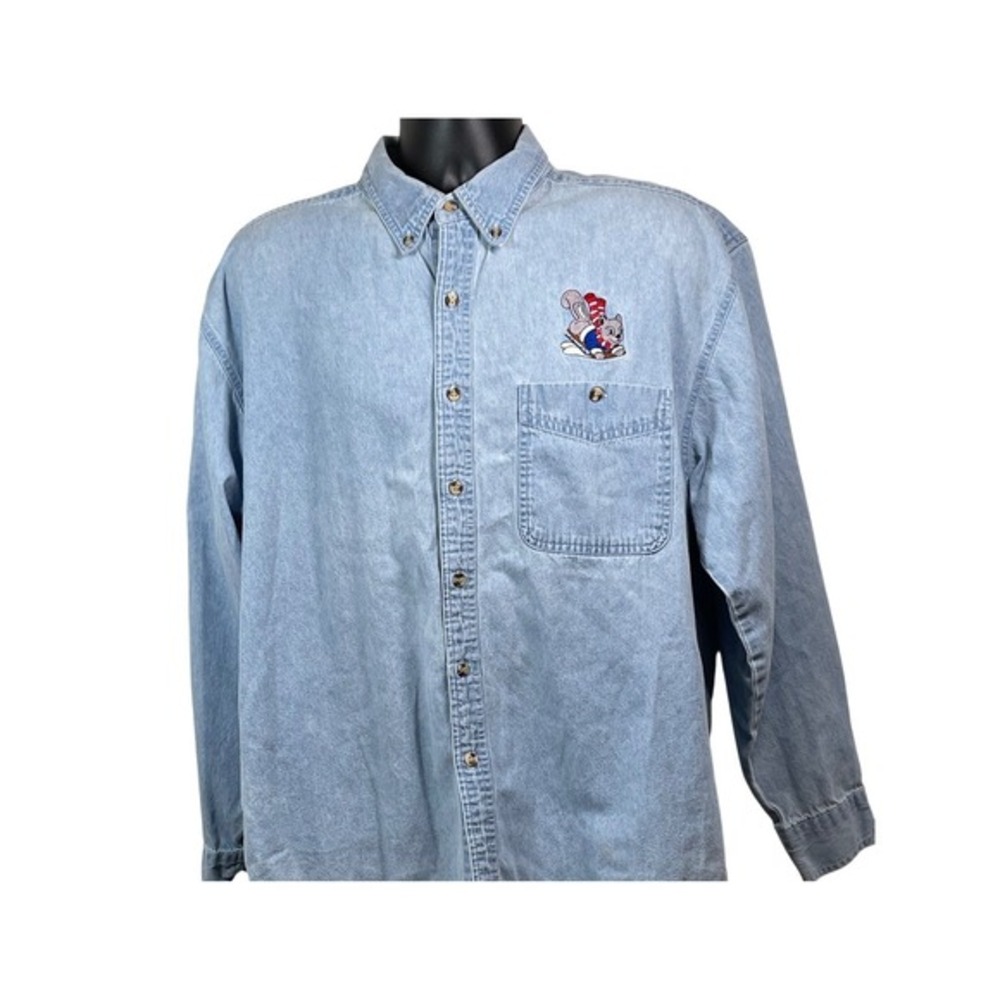 Blue Pointe‎ Mens L Denim Button Down Shirt Light Wash Embroidered Squirrel